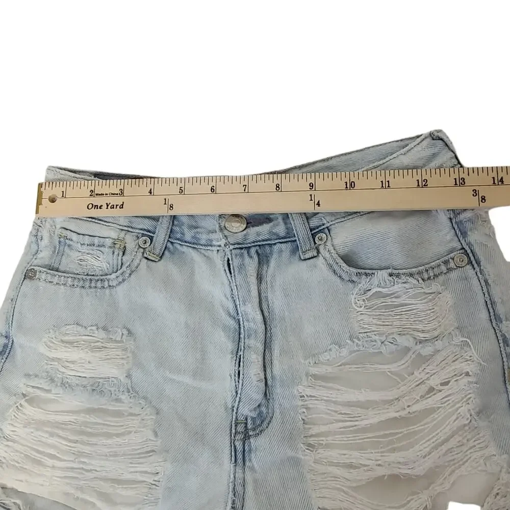 American Eagle Jean Shorts Women SZ 0 Mom Denim Blue Distressed Cut Off Festival